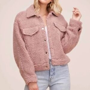 ASTR the Label Sherpa Trucker Teddy Jacket Faux Shearling Shacket Pink Fuzzy S